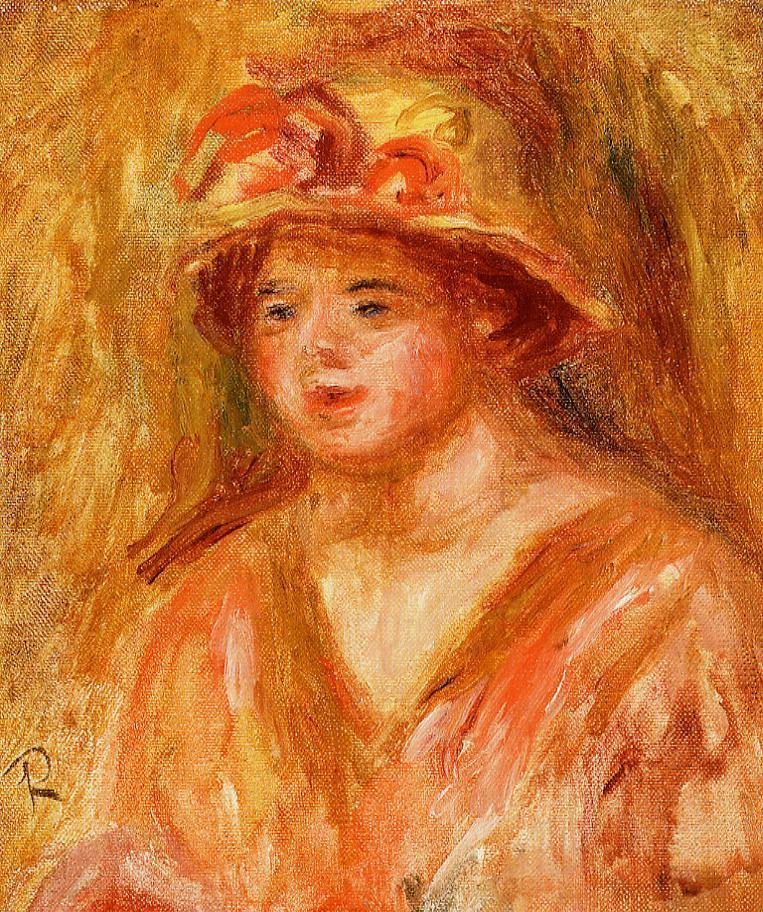 Bust of a Young Girl in a Straw Hat - Pierre-Auguste Renoir painting on canvas
